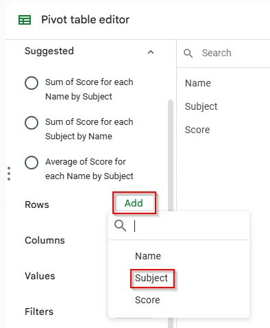 add subject in the rows