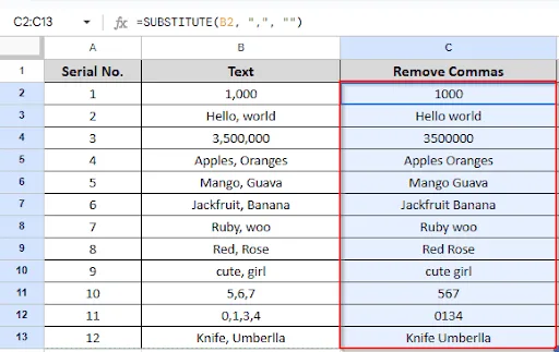 dragging to remove commas in other cells
