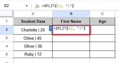 entering formula to split cell horizontally
