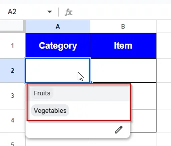dropdown list in cell A2