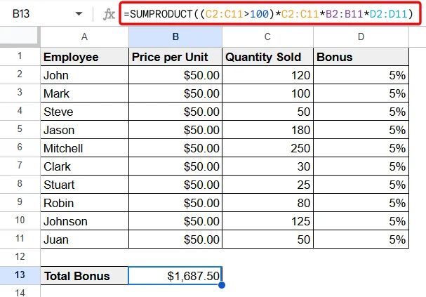 How to Perform Conditional Multiplication in Google Sheets?