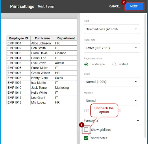 unchecking show gridlines option