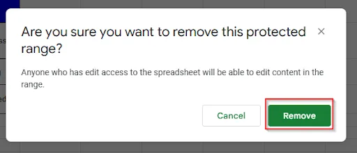 clicking remove option to remove all protected ranges