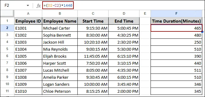 Determining Time Difference in Google Sheets
