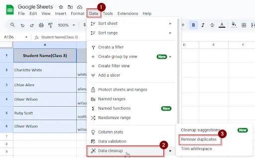 click on data, data clean up, remove duplicates