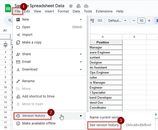 File > Version history > See version history