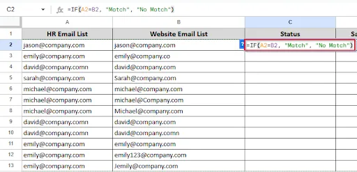 writing formula to compare two columns