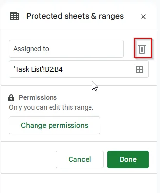 clicking trash icon to remove assigned to cell ranges