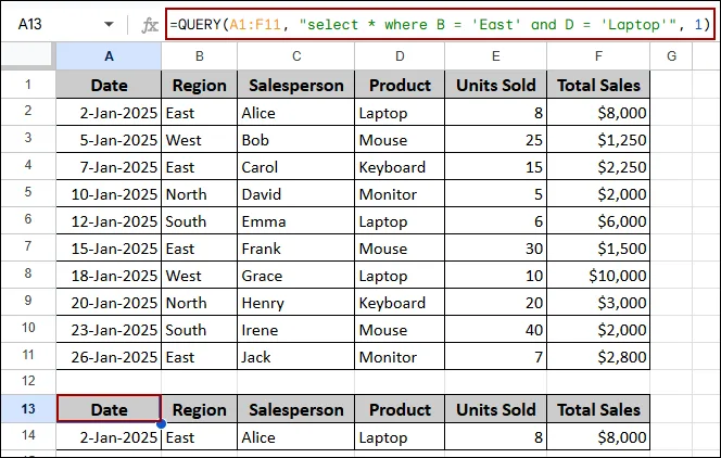 Applying QUERY Function to Filter Data Using Conditions