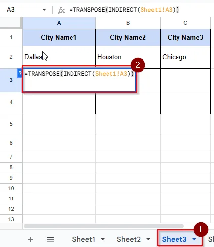 writing formula on cell A3 to see the city names of canada