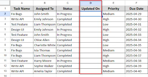 creating " updated on" column in column D