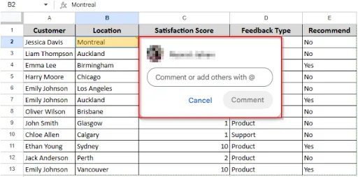 showing comment box