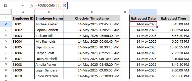 Extracting Date and Time Using ROUNDDOWN Function