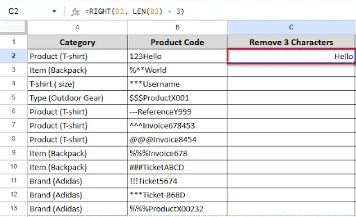 showing result in cell C2 after removing first 3 characters