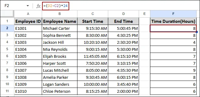 Determining Time Difference in Google Sheets