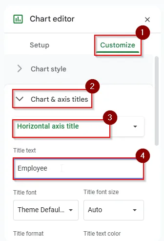 click customize > chart and axis title > horizontal axis title and type title